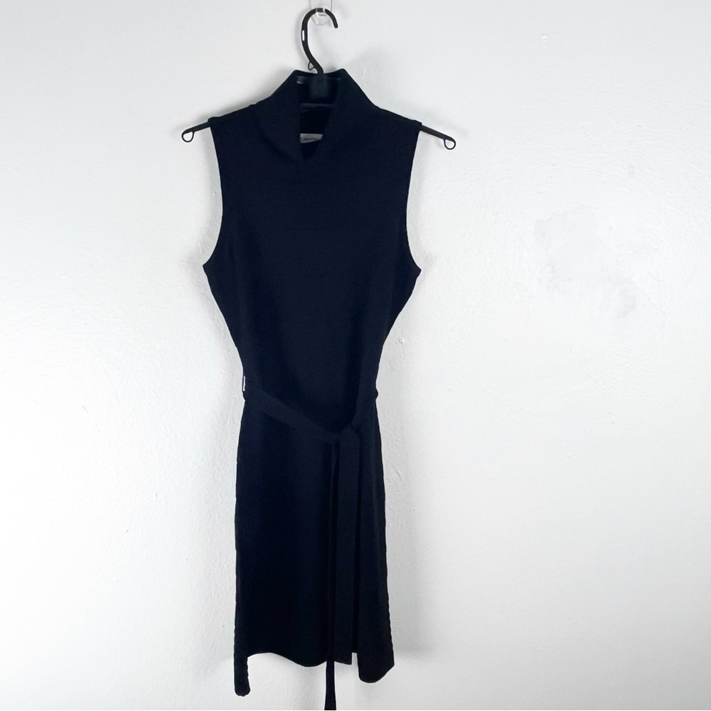 CALVIN KLEIN Black Turtleneck Sleeveless Belted Waist Wool Blend Midi Dress